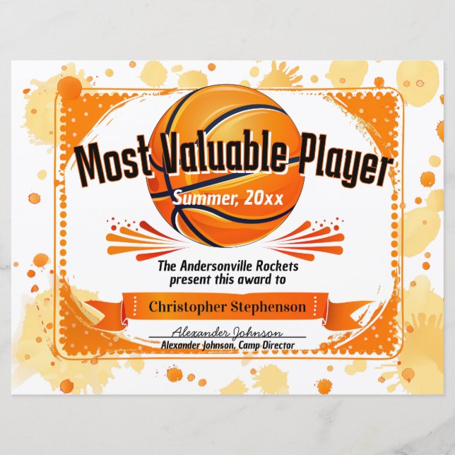 Custom Basketball Award MVP Personalized Team Camp (Front)