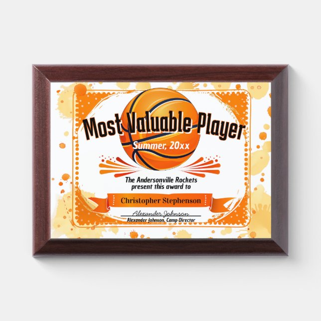 Custom Basketball Award MVP Personalized Team Camp Plaque (Horizontal)