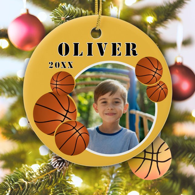Custom Basketball Ball Yellow Sports Photo Ceramic Ornament (Creator Uploaded)