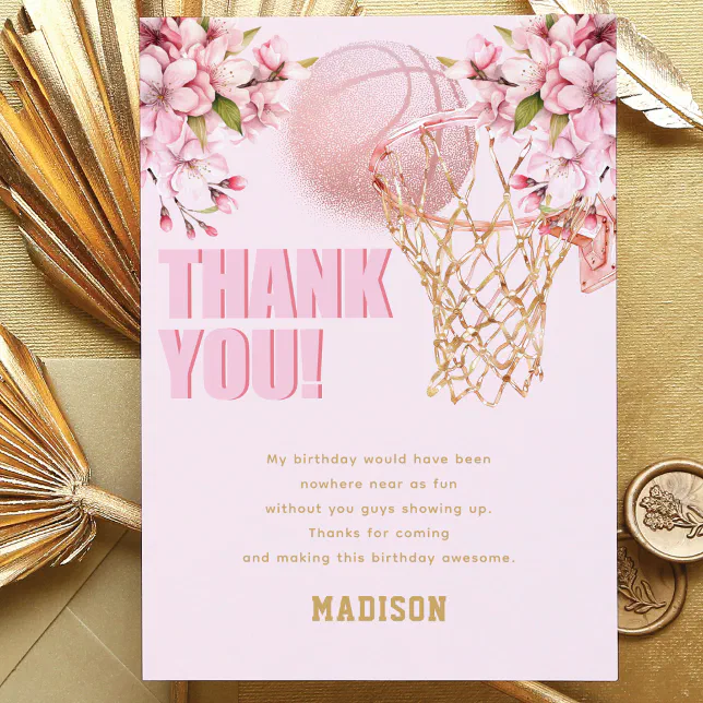 Custom Basketball Luxury Girl Birthday Thank You Card | Zazzle
