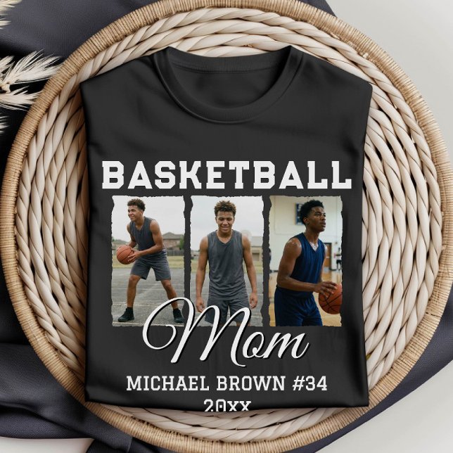 Custom Basketball Mom 3 Photo Collage Name Number T-Shirt (Creator Uploaded)