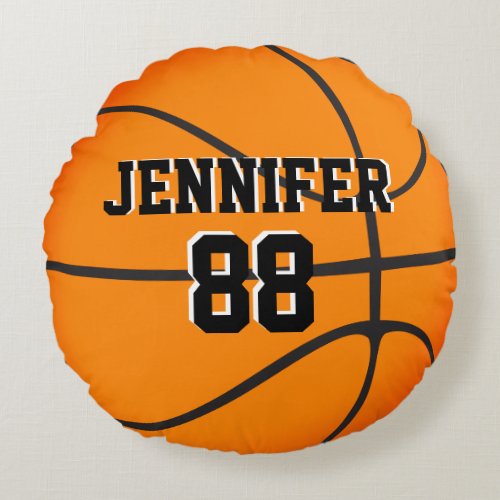 Custom Basketball Orange Black Name Jersey Number  Round Pillow