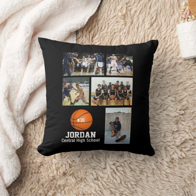 Custom Basketball Photo Collage Name Team Number Throw Pillow (Blanket)
