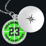 Custom basketball player jersey number team name locket necklace<br><div class="desc">Custom basketball player jersey number team name round locket necklace. Personalized sports gift for basketball player,  fan and coach. Neon green or custom background color. Sporty presents for girl,  sister,  daughter,  granddaughter,  mom,  friend,  team mate etc.</div>