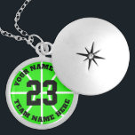 Custom basketball player jersey number team name locket necklace<br><div class="desc">Custom basketball player jersey number team name round locket necklace. Personalized sports gift for basketball player,  fan and coach. Neon green or custom background color. Sporty presents for girl,  sister,  daughter,  granddaughter,  mom,  friend,  team mate etc.</div>