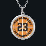 Custom basketball player jersey number team name silver plated necklace<br><div class="desc">Custom basketball player jersey number team name Silver Plated Necklace. Personalized sports gift for basketball player,  fan and coach. Orange or custom background color. Sporty presents for girl,  sister,  daughter,  granddaughter,  mom,  friend,  team mate etc.</div>