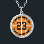 Custom basketball player jersey number team name silver plated necklace<br><div class="desc">Custom basketball player jersey number team name Silver Plated Necklace. Personalized sports gift for basketball player,  fan and coach. Orange or custom background color. Sporty presents for girl,  sister,  daughter,  granddaughter,  mom,  friend,  team mate etc.</div>