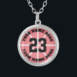Custom basketball player jersey number team name silver plated necklace<br><div class="desc">Custom basketball player jersey number team name round Silver Plated Necklace. Personalized sports gift for basketball player,  fan and coach. Coral pink or custom background color. Sporty presents for girl,  sister,  daughter,  granddaughter,  mom,  friend,  team mate etc.</div>