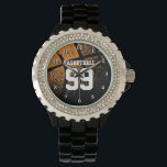 Custom basketball sports jersey number watch<br><div class="desc">Custom basketball jersey number watch . Basket ball watch | Personalizable with custom text or name. Custom wrist watches for basketball coach, fans and players. Personalized gift idea for men, women and kids (boys and girls) Sporty design with image of a ball. Customizable background color. Cool sports gear. Atheltic typography....</div>