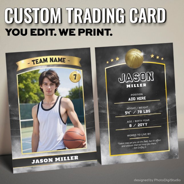 Custom Basketball Trading Card, Black Gold Stadium Calling Card (Custom Trading Card, Editable Basketball Trading Card, Modern Black Gold Stadium Design)