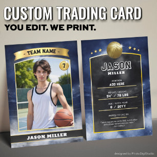 Custom Basketball Trading Card, Blue Gold Stadium Calling Card
