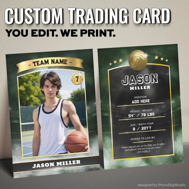 Custom Basketball Trading Card, Green Gold Stadium Calling Card (Custom Trading Card, Editable Basketball Trading Card, Modern Green Gold Stadium Design)