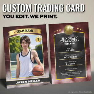 Custom Basketball Trading Card, Red Gold Stadium Calling Card
