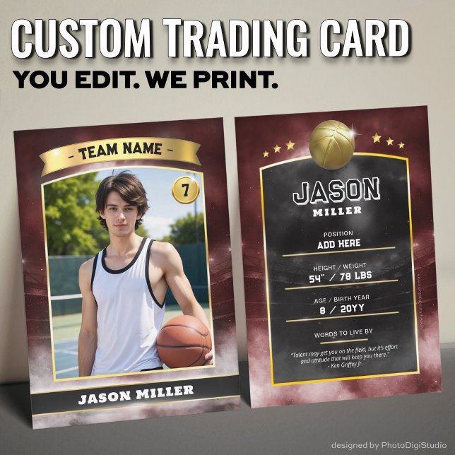 Custom Basketball Trading Card, Red Gold Stadium Calling Card (Custom Trading Card, Editable Basketball Trading Card, Modern Red Gold Stadium Design)
