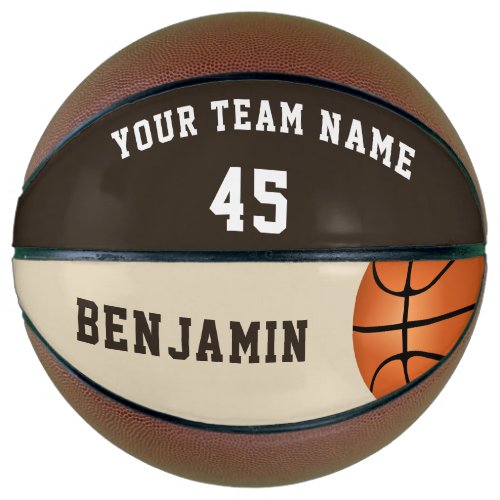 Custom Basketball with Name Number - This custom and personalized basketball is a perfect gift for basketball players, teammates, coaches, your friends and family. Personalize it with your team name, number and your name. The design has two basketballs drawings on the left and the right side. A great keepsake to remember your favorite sport. To customize the ball click the customize button and easily use the design tool.