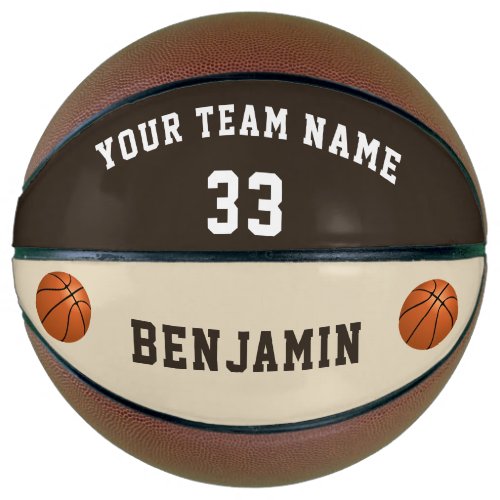 Custom Basketball with Name Number Kids - This custom and personalized basketball is a perfect gift for basketball players, teammates, coaches, your friends and family. Personalize it with your team name, number and your name. The design has two basketballs drawings on the left and right side. A great keepsake to remember your favorite sport. To customize the ball click the customize button and easily use the design tool.