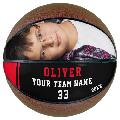 Custom Basketball with Name, Number, Team, Photo - Custom Basketball with Name, Number, Team Name and Photo. Personalize it with your photo, name, team name, your team number and the year. The text is trendy white and red typography on a black background with red stripe. You can change any text on the basketball or erase it. A perfect gift for a basketball player, teammates, coach, your friends and family. Great keepsake to remember your favorite sport.