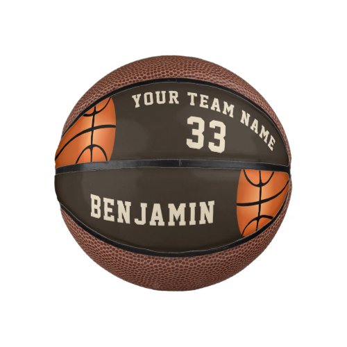 Custom Basketball with Name, Team and Number - This custom and personalized basketball is a perfect gift for basketball players, teammates, coaches, your friends and family. Personalize it with your team name, number and your name. The design has two basketballs drawings on the left and the right side. A great keepsake to remember your favorite sport. To customize the ball click the customize button and easily use the design tool.