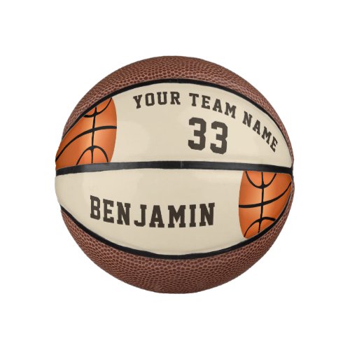 Custom Basketball with Name, Team and Number - This custom and personalized basketball is a perfect gift for basketball players, teammates, coaches, your friends and family. Personalize it with your team name, number and your name. The design has two basketballs drawings on the left and the right side. A great keepsake to remember your favorite sport. To customize the ball click the customize button and easily use the design tool.