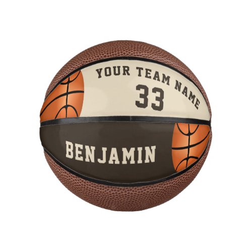 Custom Basketball with Name, Team and Number - This custom and personalized basketball is a perfect gift for basketball players, teammates, coaches, your friends and family. Personalize it with your team name, number and your name. The design has two basketballs drawings on the left and the right side. A great keepsake to remember your favorite sport. To customize the ball click the customize button and easily use the design tool.