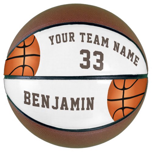 Custom Basketball with Name Team Number - This custom and personalized basketball is a perfect gift for basketball players, teammates, coaches, your friends and family. Personalize it with your team name, number and your name. The design has two basketballs drawings on the left and the right side. A great keepsake to remember your favorite sport. To customize the ball click the customize button and easily use the design tool.