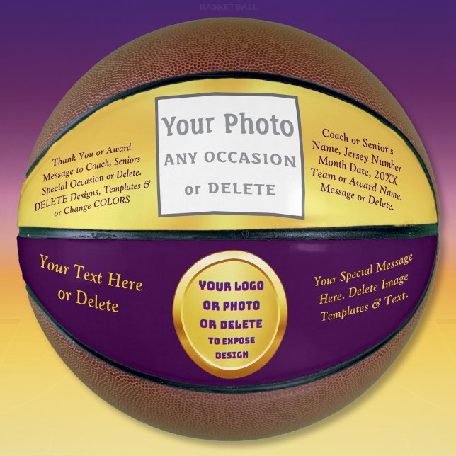 Custom Basketballs with LOGO, PHOTO or Delete, (Custom Basketball with Logo. Senior night ideas for basketball. Gifts for basketball coaches. Gold. )