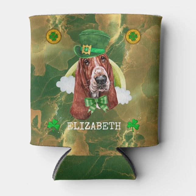 Custom Basset Hound Gold St. Patricks Can Cooler (Front)