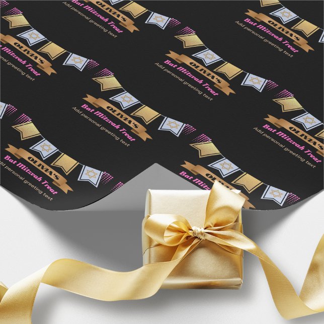 Custom Bat Mitzvah Black Pink Gold Wrapping Paper (Creator Uploaded)