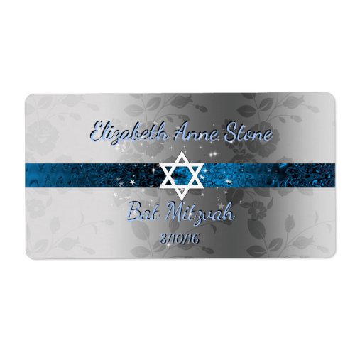 Custom Bat Mitzvah Blue  Silver Water Bottle Label