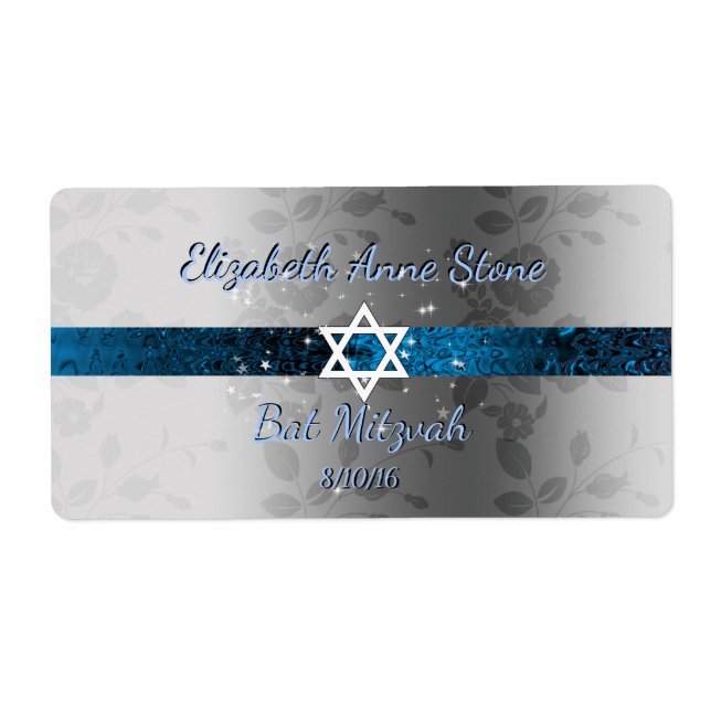 Custom, Bat Mitzvah, Blue & Silver, Water Bottle Label (Front)