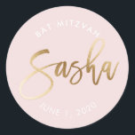 CUSTOM Bat Mitzvah blush pink gold name SASHA Classic Round Sticker<br><div class="desc">by kat massard >>> WWW.SIMPLYSWEETPAPERIE.COM <<< *** NOTE - THE SHINY GOLD FOIL EFFECT IS A PRINTED PICTURE *** - - - - - - - - - - - - - - - - - - - - - - - - - - - - - - - -...</div>