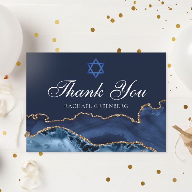 Custom Bat Mitzvah Elegant Navy Blue Gold Agate Thank You Card (Creator Uploaded)