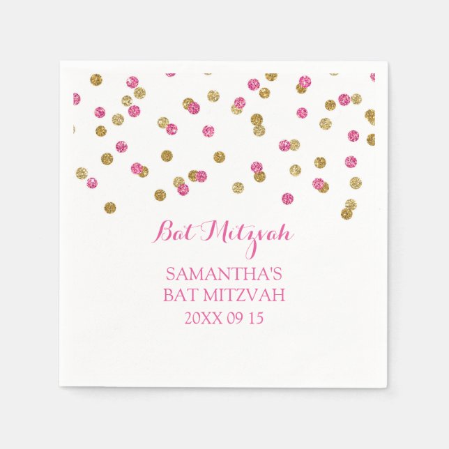 Custom Bat Mitzvah Napkin Mint Gold Pink Confetti (Front)