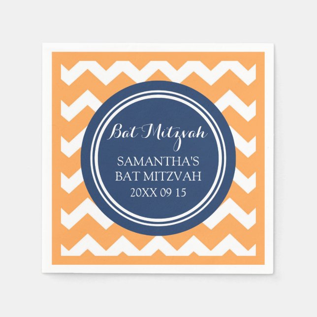 Custom Bat Mitzvah Napkin Orange Blue Chevron (Front)