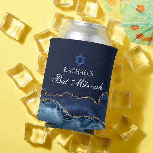 Custom Bat Mitzvah Party Navy Blue Gold Agate Can Cooler