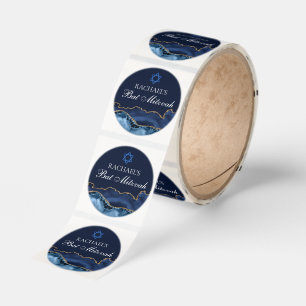 Custom Bat Mitzvah Party Navy Blue Gold Agate Classic Round Sticker
