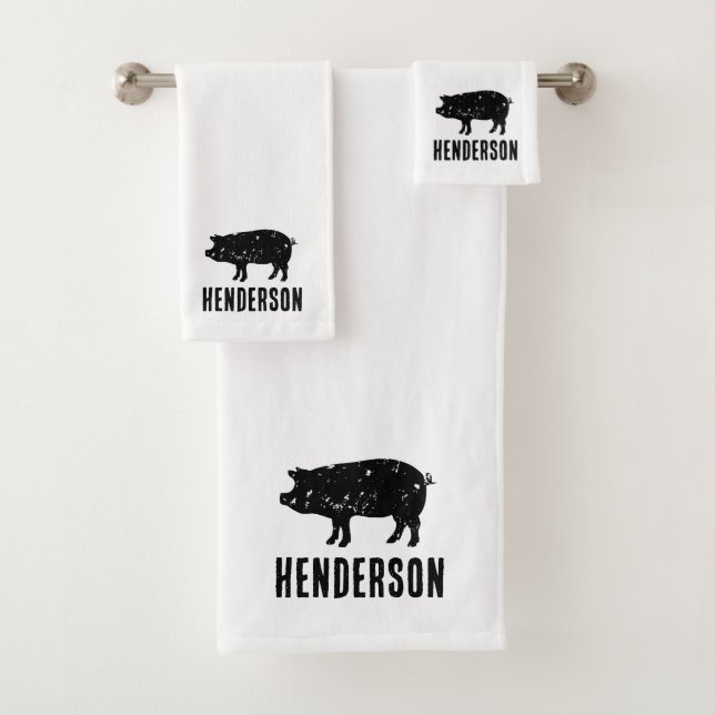 Custom bath towel set with vintage pig silhouette (Insitu)