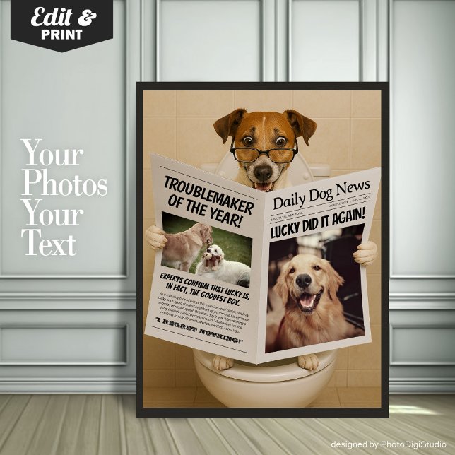 Custom Bathroom Decor, Editable Dog with Newspaper Poster (Custom Bathroom Decor, Editable Dog with Newspaper Poster)