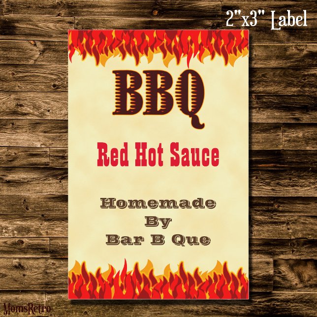 Custom BBQ Hot Sauce 2x3" Label with Red Flames (BBQ Hot Sauce Red Flames 2x3 Label)