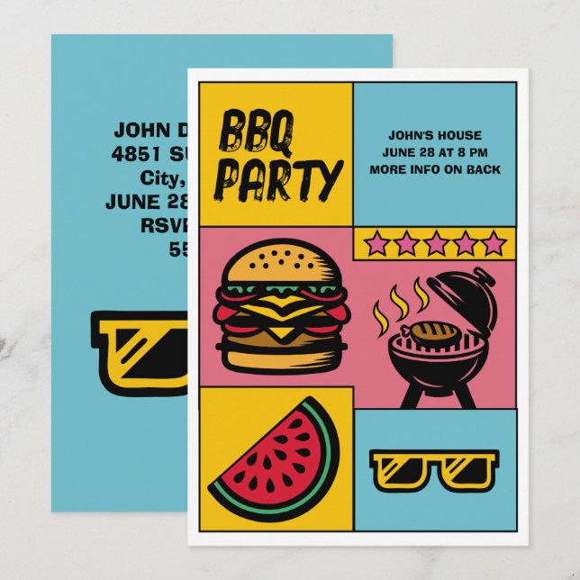 Custom BBQ Party Summer Grill Cookout Pop Art Invitation (Front/Back)