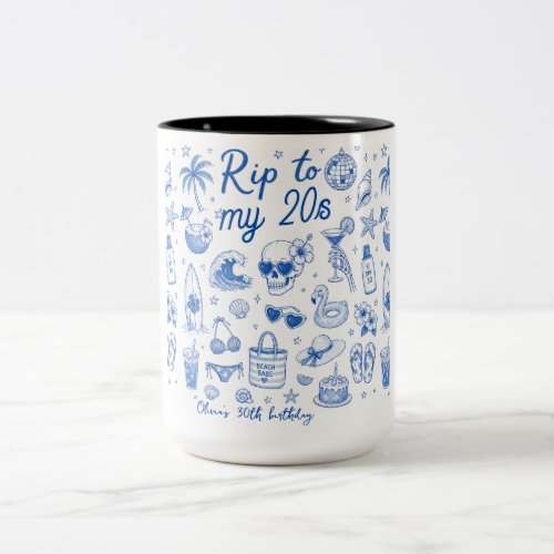 custom beach blue birthday 20s hand drawn ocean  Two-Tone coffee mug