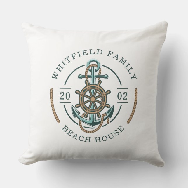 Custom Beach House Anchor Boat Wheel Nautical Outdoor Pillow (Front)