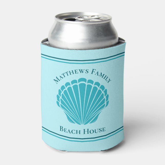 Custom Beach House Aqua Blue Seashell Monogram Can Cooler (Can Front)