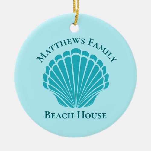 Custom Beach House Aqua Seashell Monogram Family Ceramic Ornament