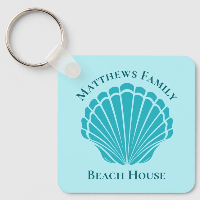 Custom Beach House Aqua Seashell Monogram Home Keychain (Front)