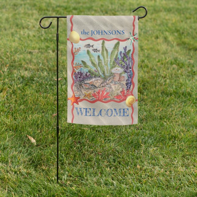 Custom Beach House Coastal Sea Shell Crab Welcome Garden Flag (In SItu)