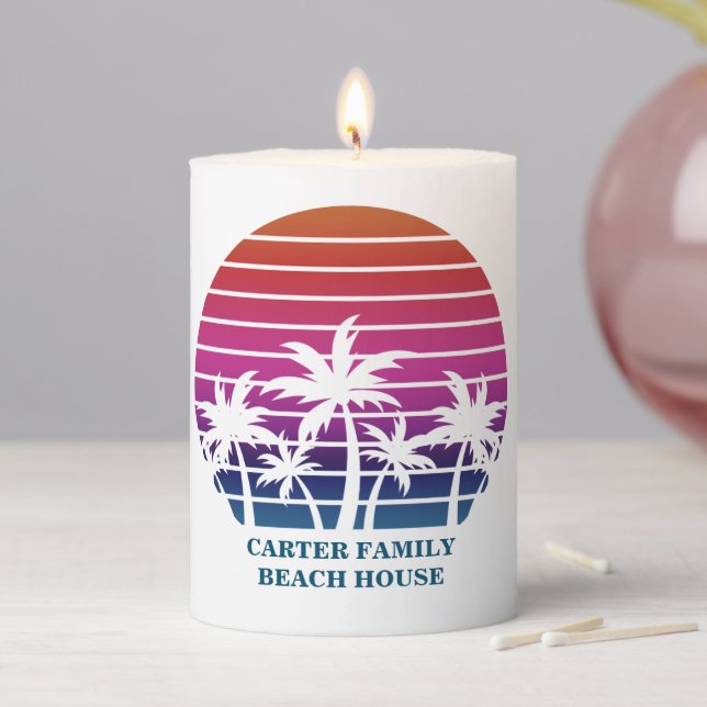 Custom Beach House Cute Tropical Palm Tree Pillar Candle (In Situ)