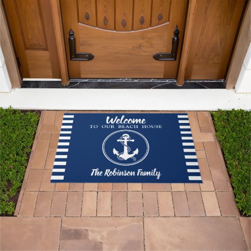 Custom Beach House Family Name Anchor  Rope Large Doormat