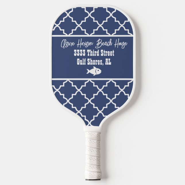 Custom Beach House Navy & White Pattern Pickleball Paddle (Front)