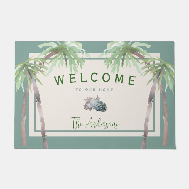 Custom Beach House Palm Tree Tropical Doormat (Front)